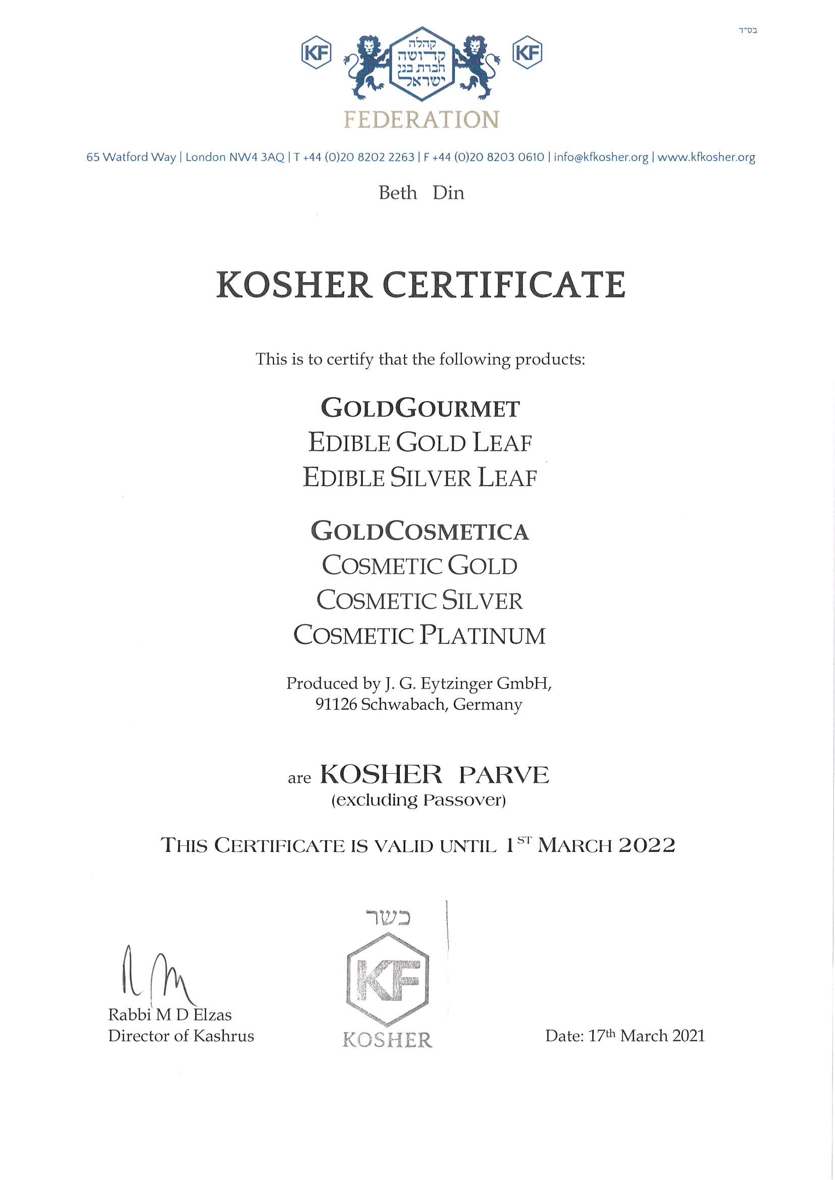 Kosher certification for Edible Gold leaf flake and dust