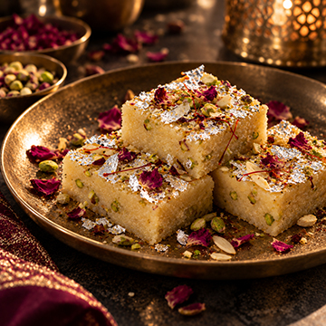 Indian mithai scattered with silver flake, pistachio and rose