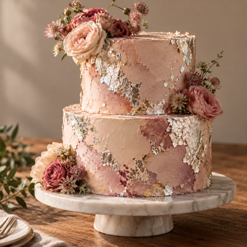 Two-tier wedding cake finished with silver leaf and florals